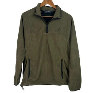 Nautica Sweater Men Medium Brown/Green Fleece Pullover 1/4 Zip Long Sleeve